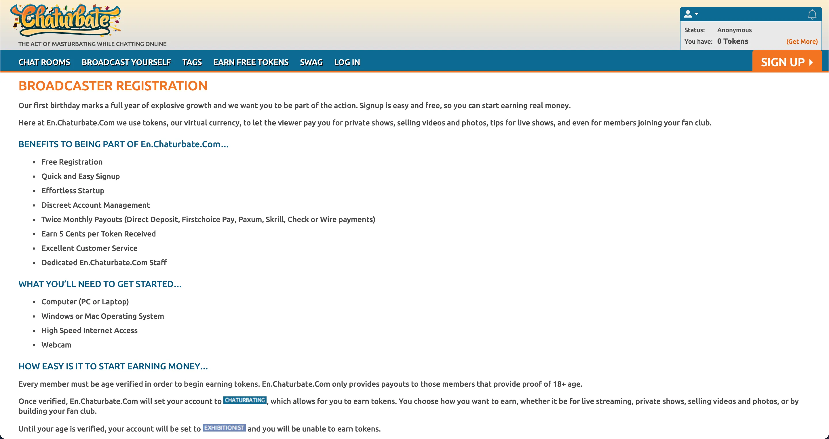 Chaturbate broadcaster sign-up page