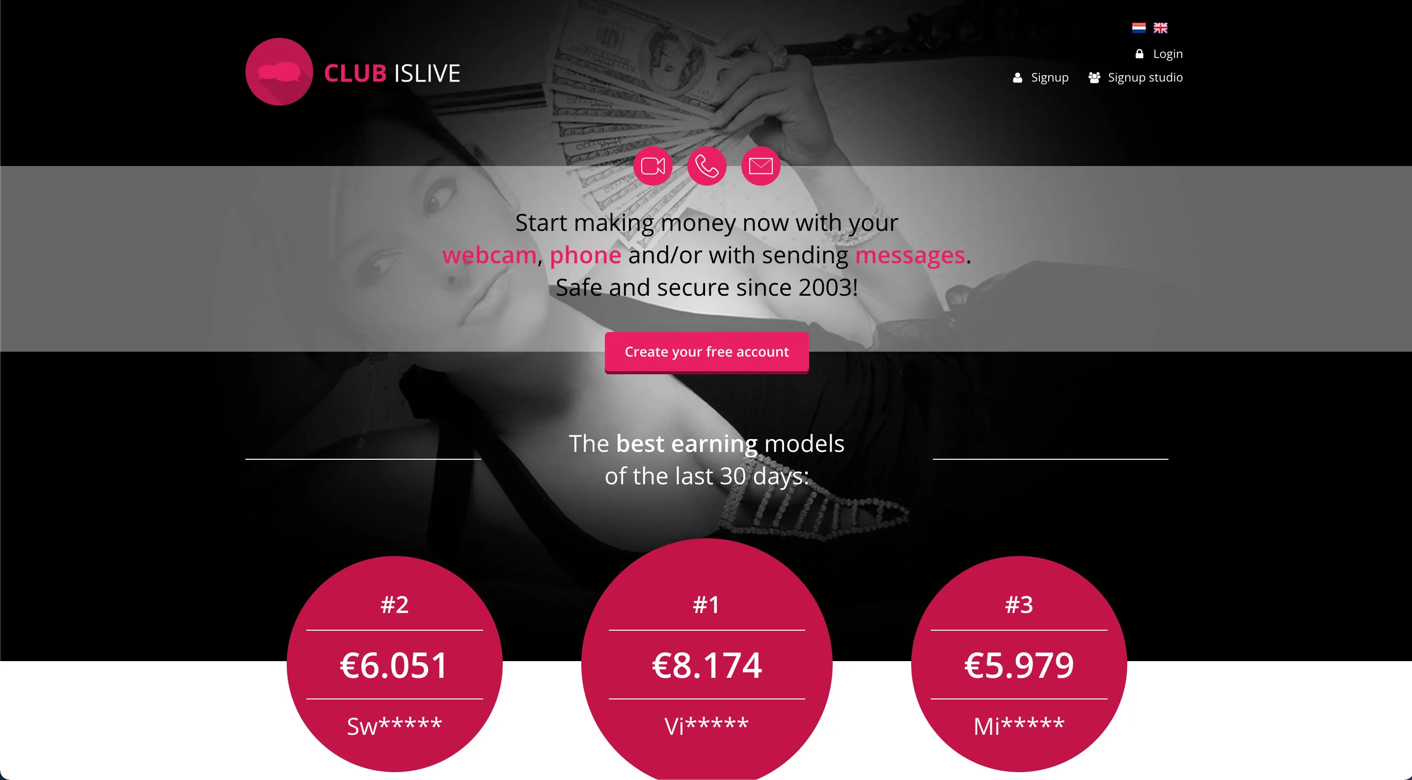 ClubIsLive model sign-up homepage