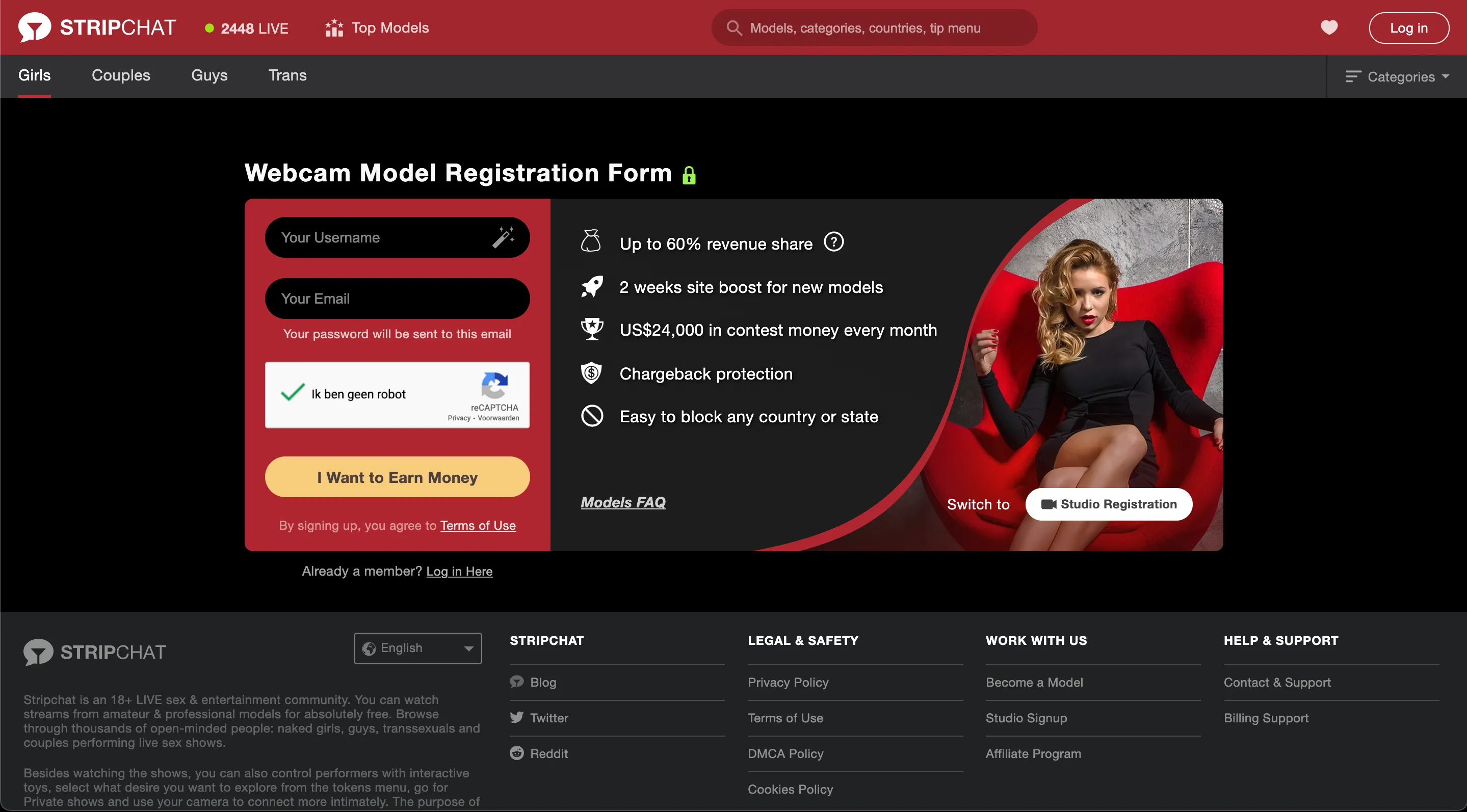 Stripchat webcam model registration form